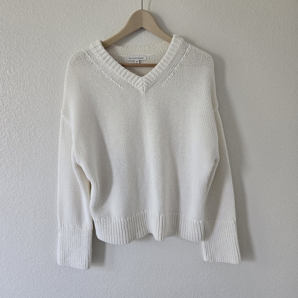 Banana Republic White Chunky Knit Boxy Oversized Cotton V Neck Sweater Medium - Picture 6 of 16